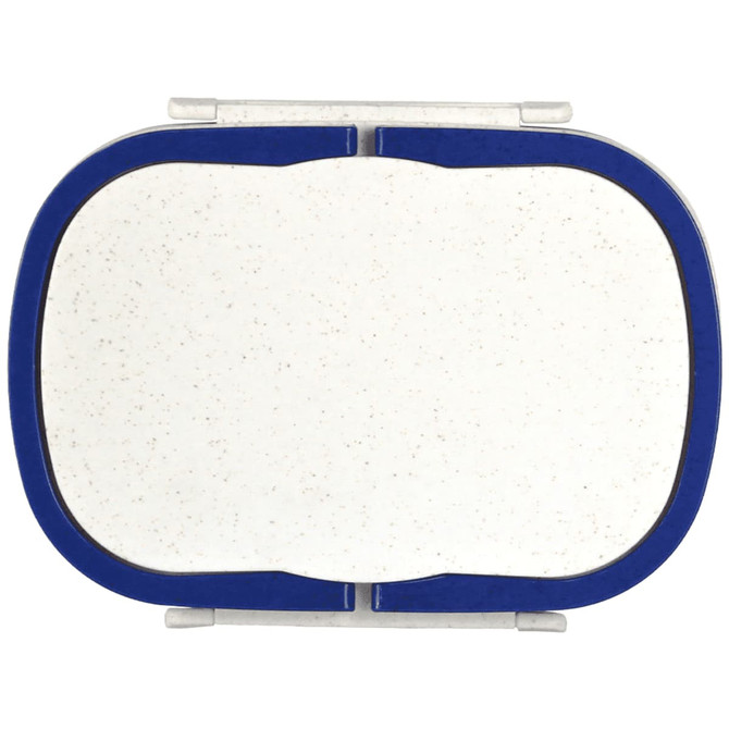 A plastic and wheat straw lunch box in white with a blue lid and a logo.