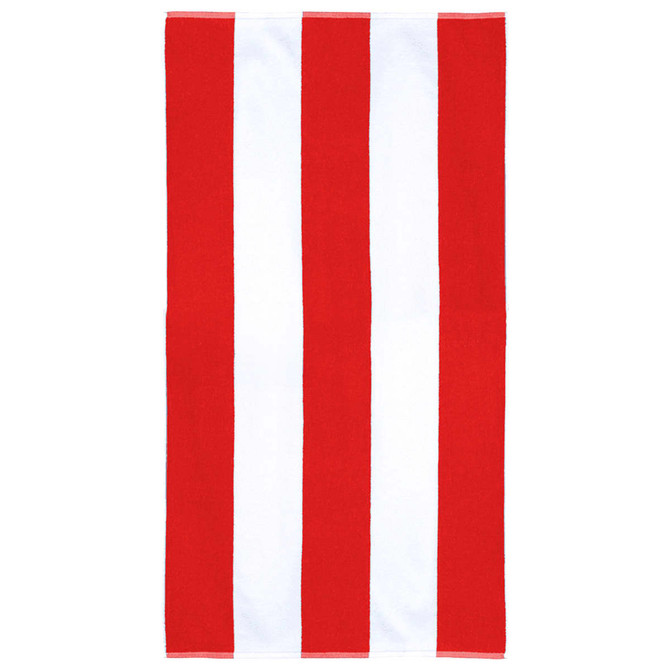 A cotton beach towel featuring bold red and white vertical stripes. It has a logo embossed on one side.