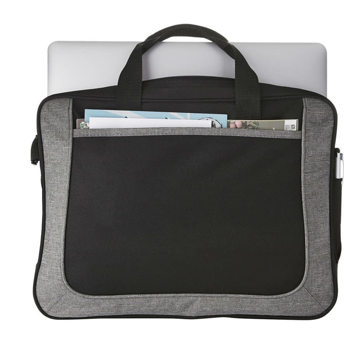 A laptop bag in grey and black featuring handles and an outer pocket for documents. It has a logo present.