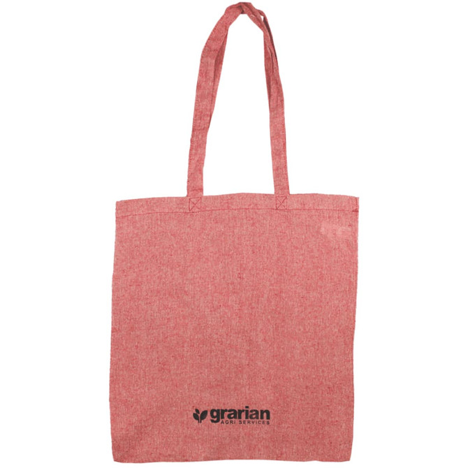 A red recycled cotton twill tote bag with long handles and a logo at the bottom.
