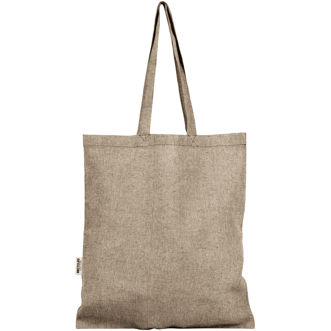 A beige recycled cotton twill tote bag with two loops for carrying. It features a subtle texture and a logo.