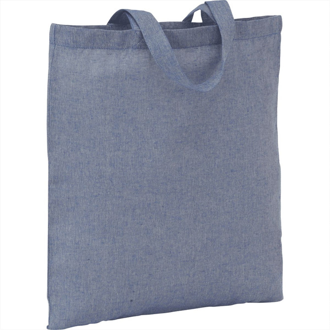 A blue recycled cotton twill tote bag with handles and a simple design, featuring a logo on the front.