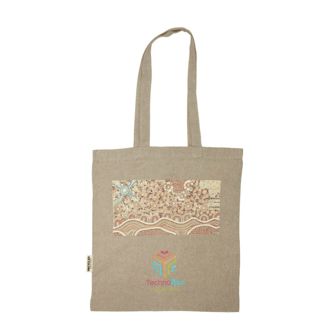 A beige recycled cotton twill tote bag with a colourful patterned panel and a logo at the bottom.