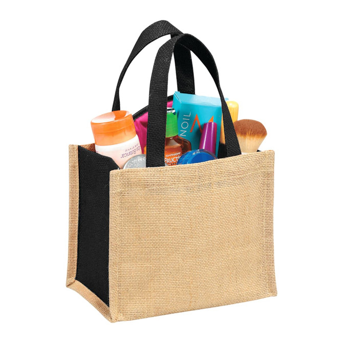A jute tote bag with a black top and natural base, filled with various toiletries and a makeup brush, featuring a logo.