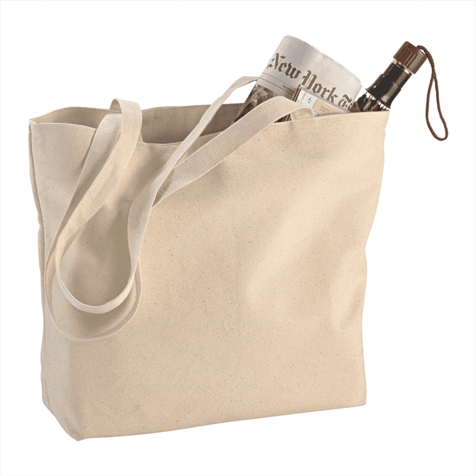 A natural-coloured cotton canvas tote bag with a drink bottle and newspaper visible inside. It has a logo.