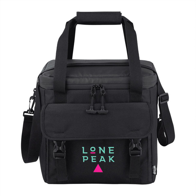A black cooler bag featuring a front pocket and a logo. It has short handles and a shoulder strap for carrying.