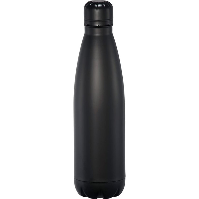 A drink bottle in matte black finish, featuring a sleek, insulated design and a lid. It has a branding logo.