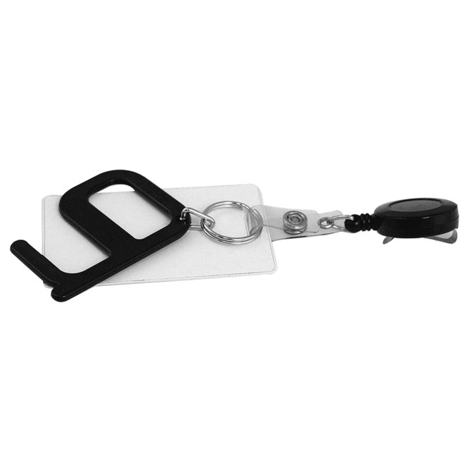 A black Hygiene Key attached to a retractable badge holder, featuring a clear card holder.