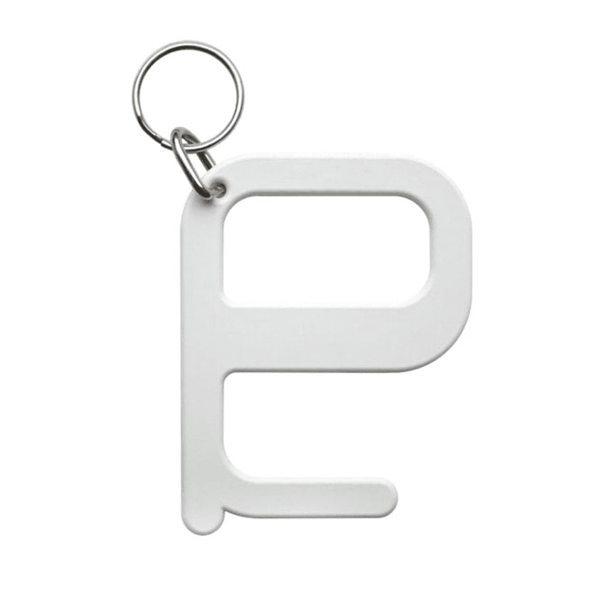 A white Hygiene Key shaped like a letter "P" with a keyring attachment.