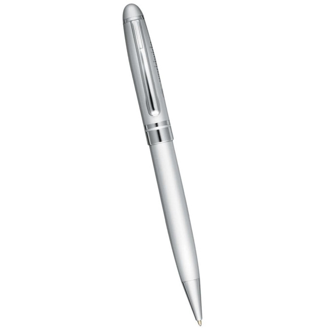 A silver ballpoint pen with a sleek design and a clip, featuring a logo on its side.