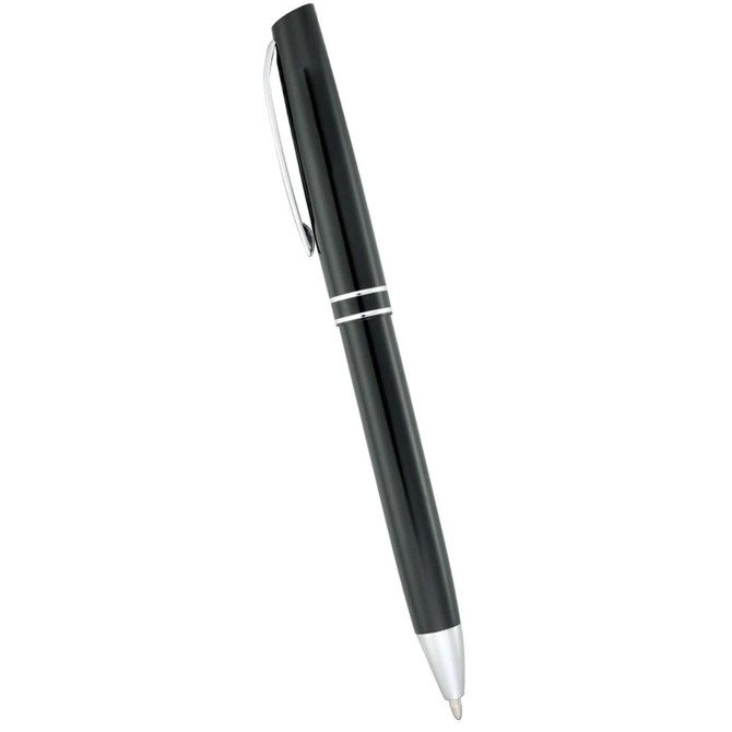 A sleek black metal ballpoint pen with silver accents and a clip, featuring a logo on its surface.