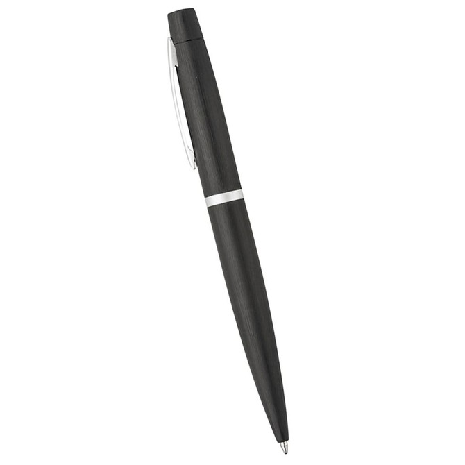 A sleek black metal twist action pen with a silver accent and clip, featuring a branding logo.