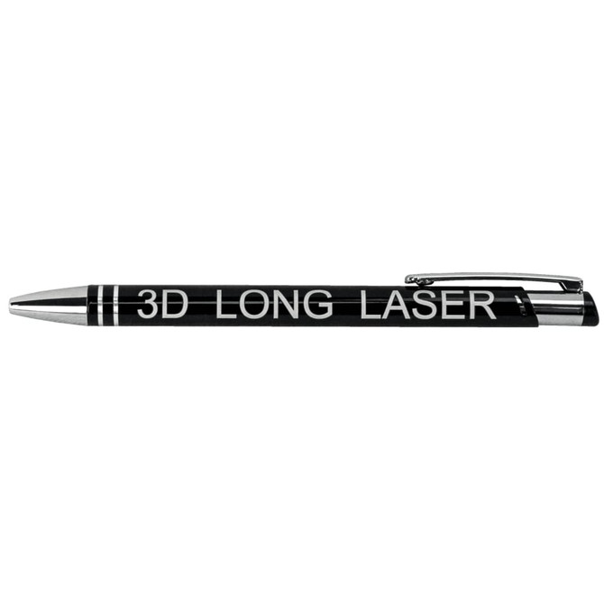 A metal ballpoint pen in black with a silver clip and trim, featuring a branding logo.