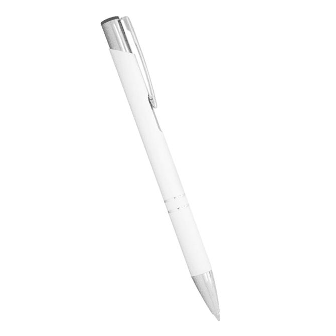 A white ballpoint pen with a metal clip and silver accents. The pen features a sleek, modern design and includes a logo.