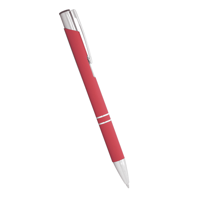 A red metal ballpoint pen with a silver clip and accents, featuring a logo.
