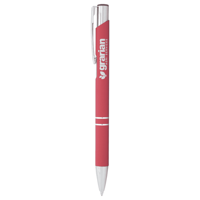 A pink metal ballpoint pen with a shiny clip and branding on the barrel.