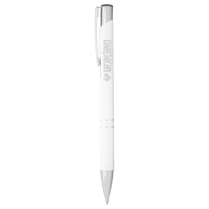 A white metal ballpoint pen with a click action mechanism and silver accents, featuring a logo.