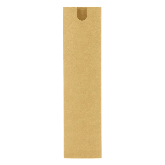 A brown cardboard packaging sleeve with a cut-out at the top, designed to hold a pen or similar item.