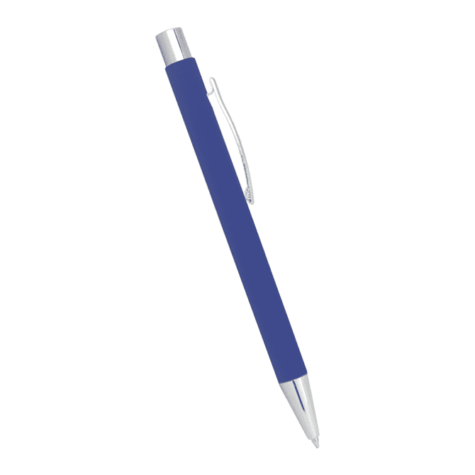 A blue ballpoint pen with a metallic finish and a clip. The pen has a sleek, modern design.