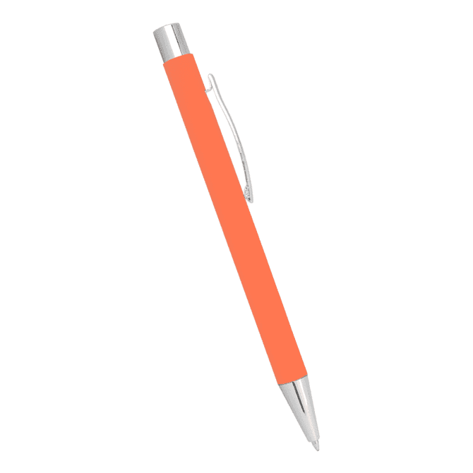 An orange metal ballpoint pen with a silver clip and tip, featuring a sleek design and a branding logo.