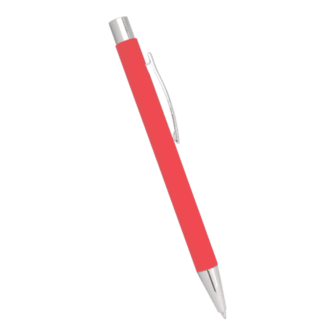 A bright red ballpoint pen with a silver clip and tip, showcasing a sleek metal design.