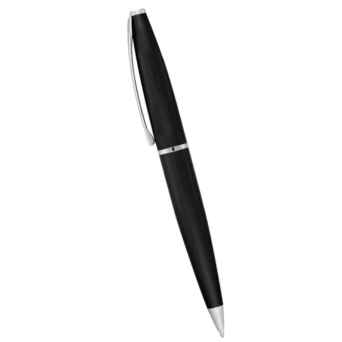 A black metal twist action pen with a silver clip and accent. It includes a branding logo.