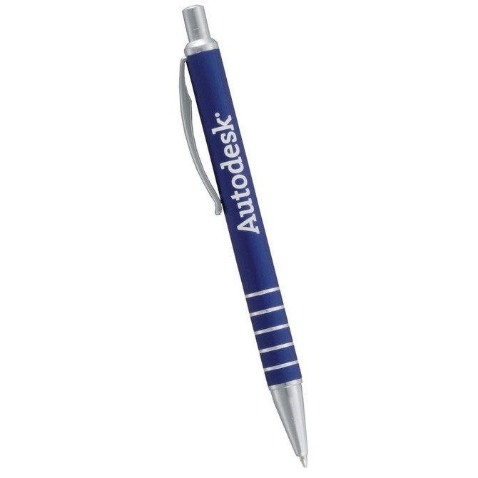 A ballpoint pen in blue with silver accents and a branding logo. It features a clip for easy attachment.