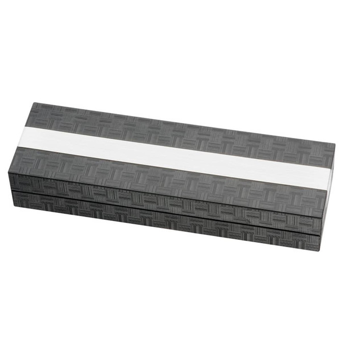 A sleek grey pen box with a textured design, featuring a white band across the top and a logo.