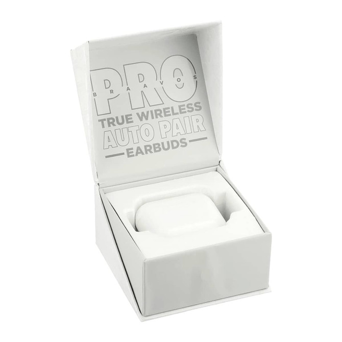 A white box containing Braavos Pro True Wireless Auto Pair Earbuds, with an interior holder for the earbuds.