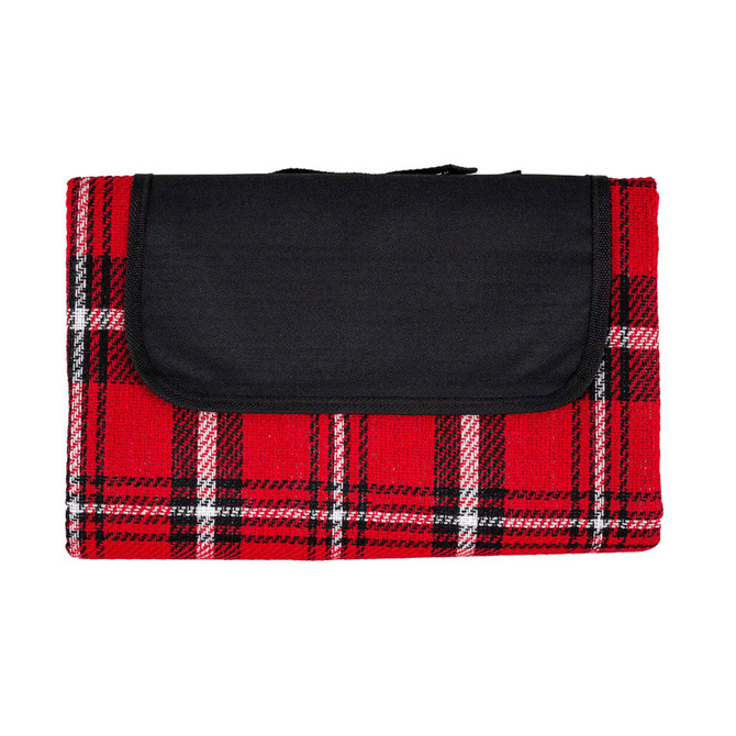 A red and black checkered picnic rug featuring a black flap and an attached carrying handle.