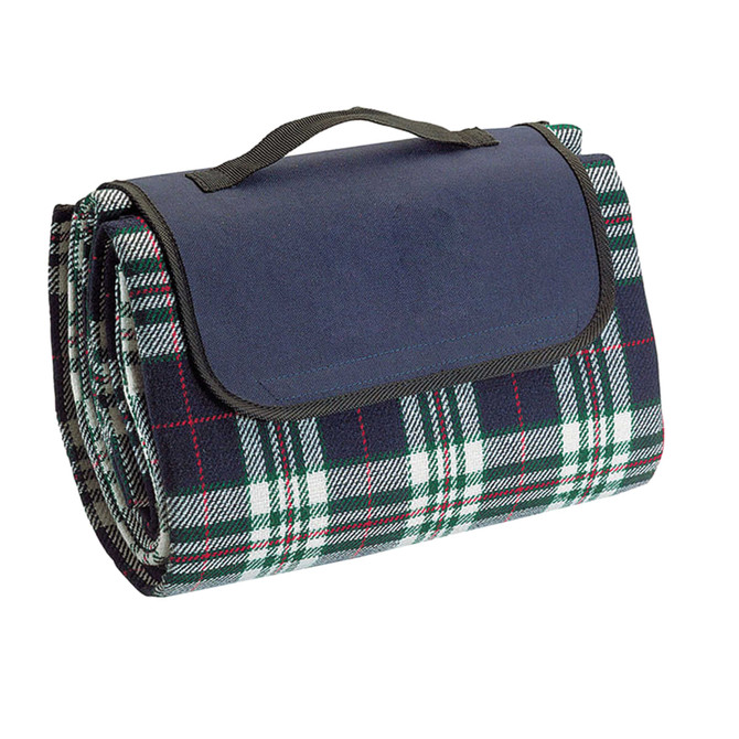 A rolled picnic rug with a checkered pattern in green, white, red, and navy, featuring a handle for portability.