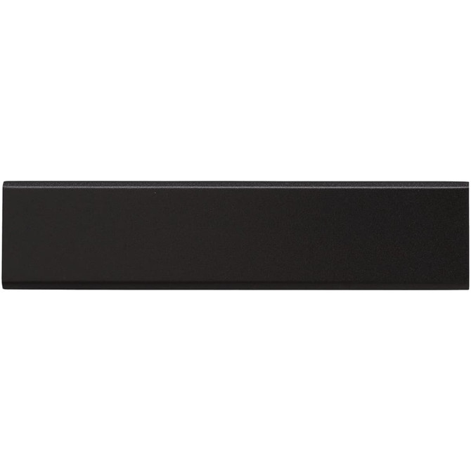 A black power bank with a sleek design, featuring a logo on its surface.