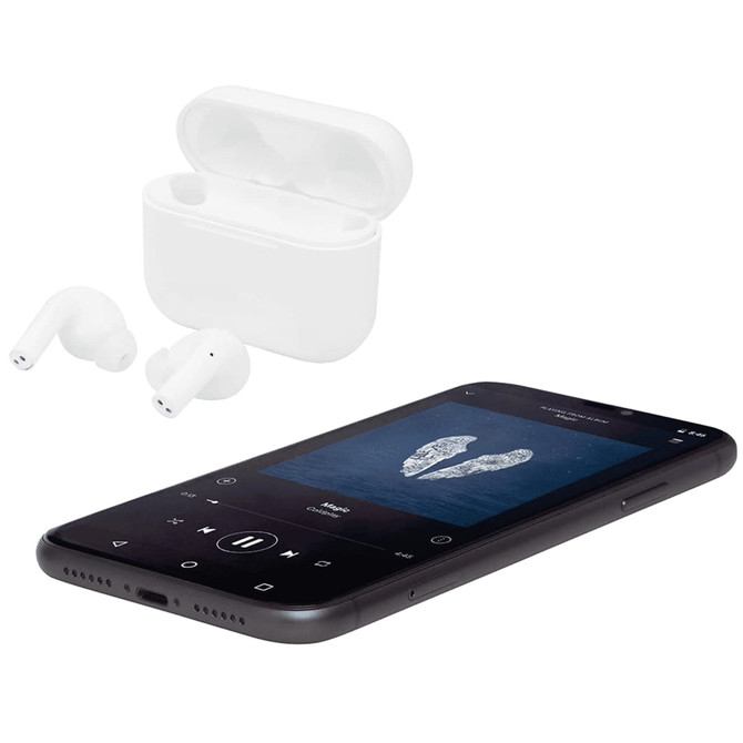 Wireless earbuds in white case, placed beside a smartphone displaying a music player interface.