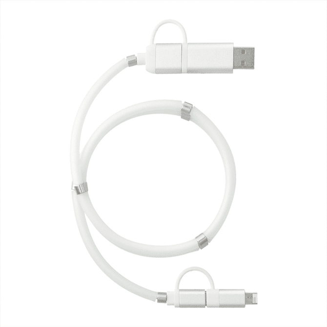 A white 5-in-1 charging cable with magnetic wrap and connectors for various devices, featuring a simple design.