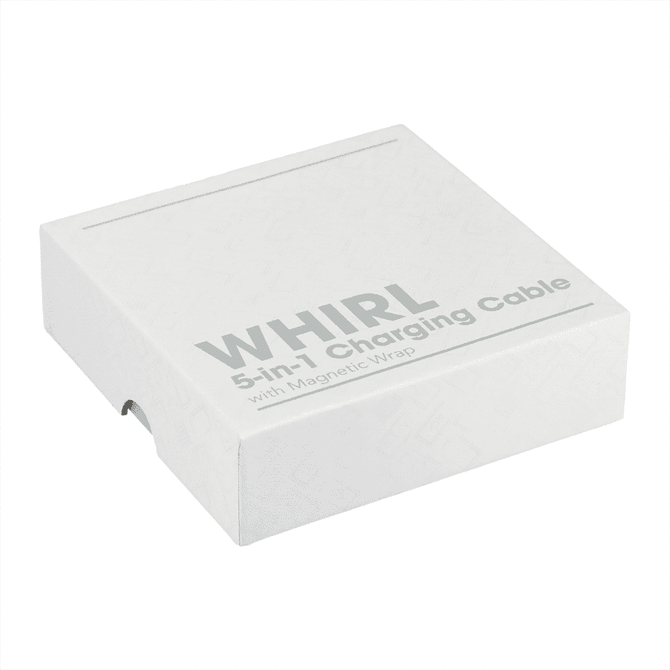 A white box containing the Whirl 5-In-1 Charging Cable with Magnetic Wrap, featuring a simple design and branding.