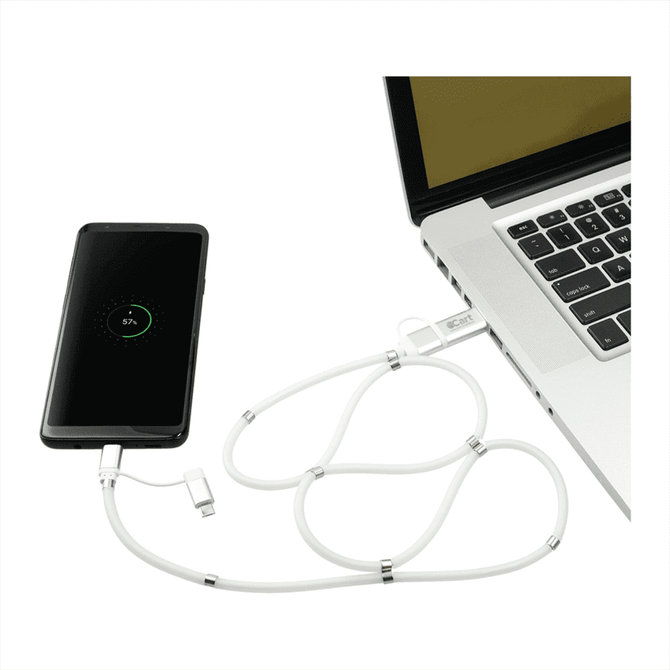 A white 5-in-1 charging cable with a magnetic wrap connected to a smartphone and a laptop.