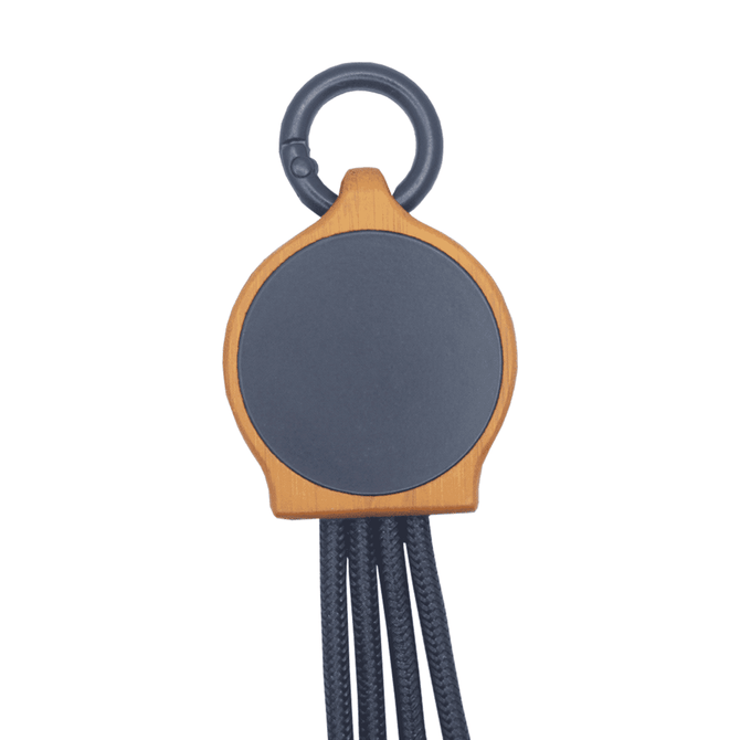 A bamboo charging device with black RPET cables and a round connector, featuring a loop for attachment.