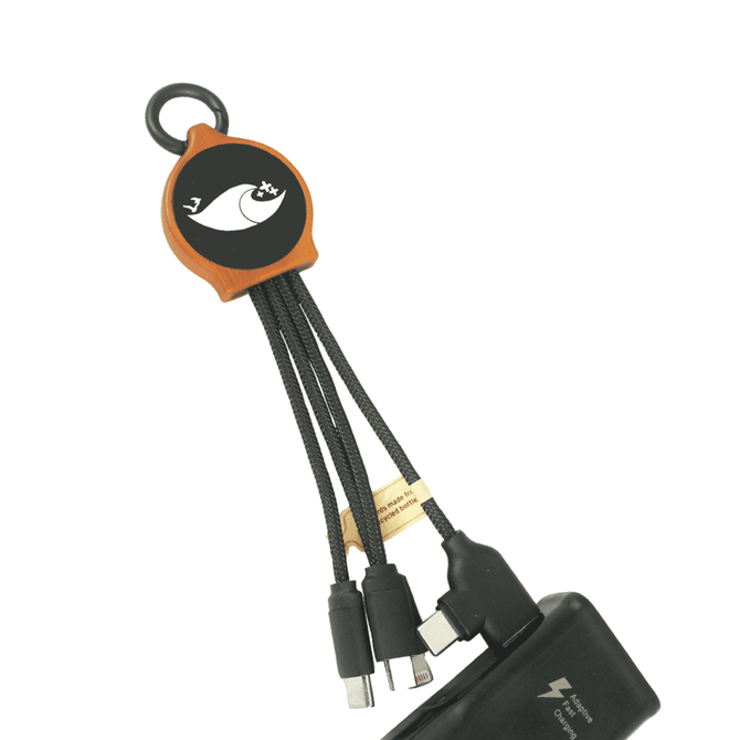 A charging cable with three RPET connectors (USB, Micro-USB, and Lightning) and a brown loop attachment.