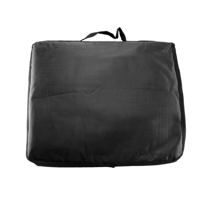 A black picnic rug in a carry bag, featuring a handle for easy transport. The bag has a simple design.