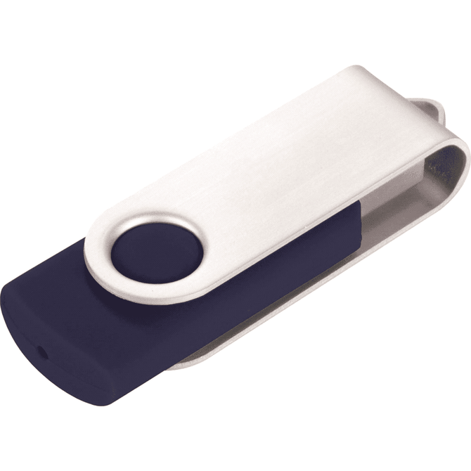A silver and navy blue USB flash drive with a rotating design, 16GB capacity, and a branding logo.