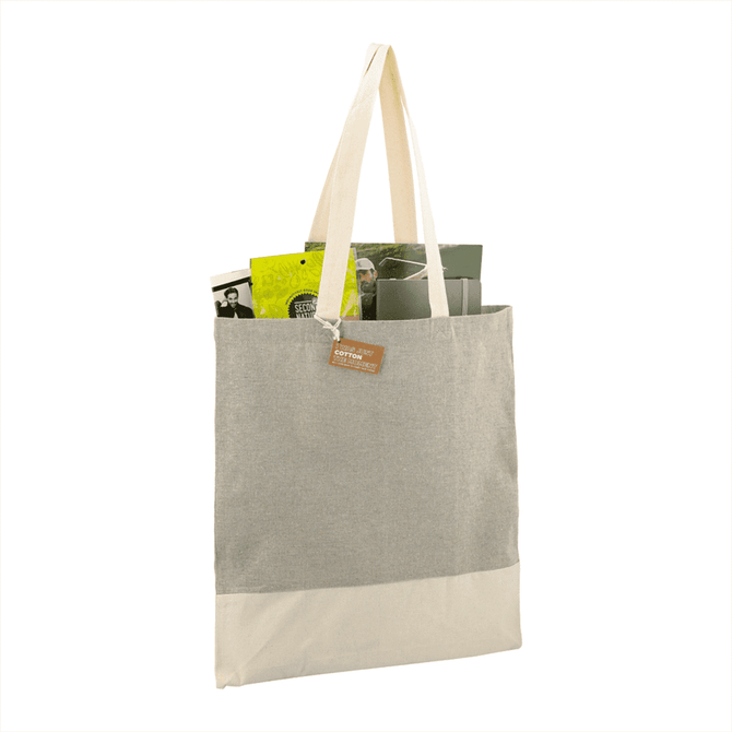 A grey and cream tote bag made of recycled cotton twill, featuring long handles and a tag.