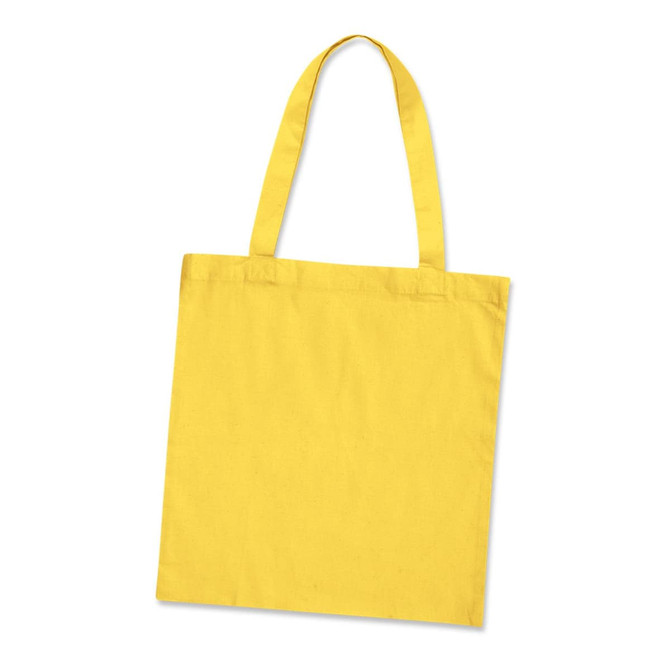 A yellow cotton tote bag with two handles and a simple design, featuring a logo.