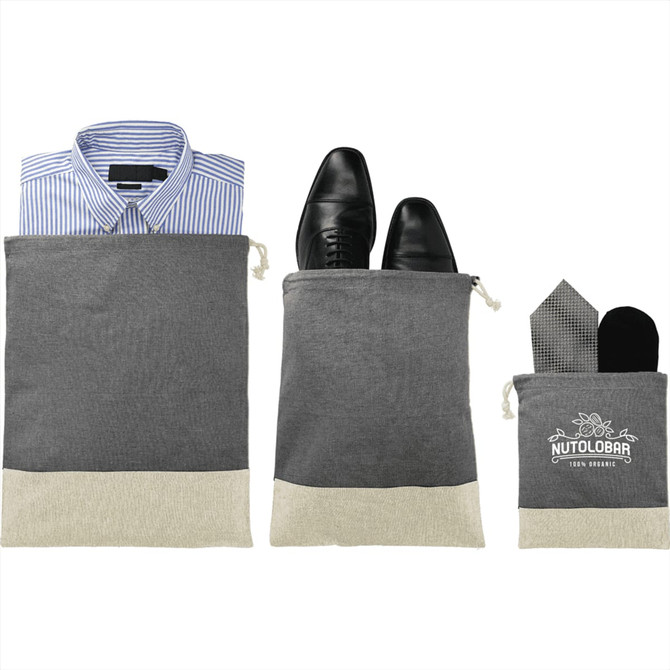 A grey and cream travel pouch set, including three separate pouches for clothing and accessories, featuring a logo.