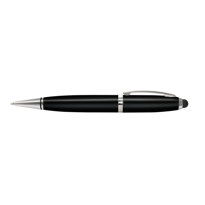 A black metal pen with silver accents, featuring a stylus tip and a branding logo.
