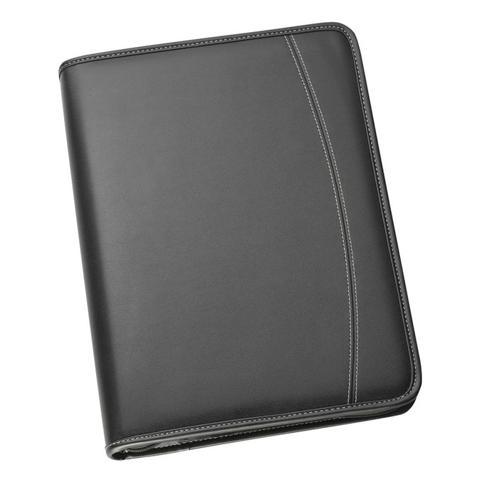 A black imitation leather A4 compendium featuring stitches and a logo. Ideal for office and business use.