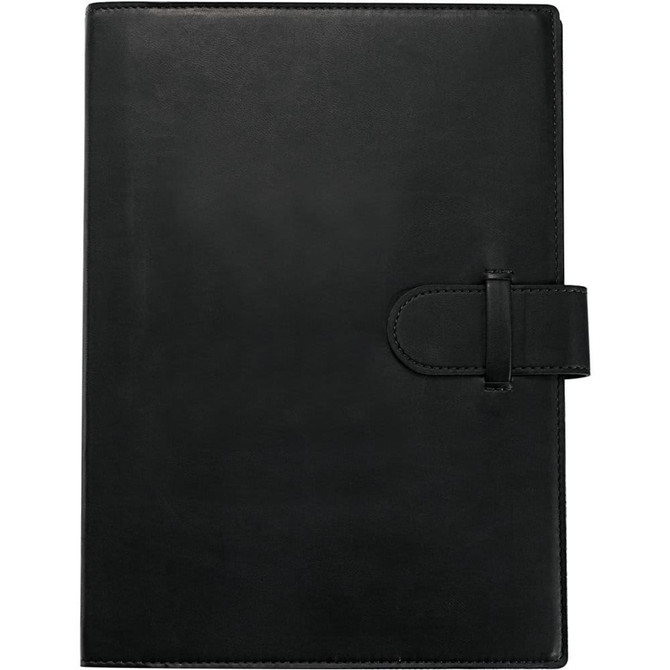 A large black journal with a smooth finish and a clasp closure, featuring a simple design.