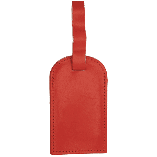 A red luggage tag featuring a smooth finish and a sturdy strap for attachment.