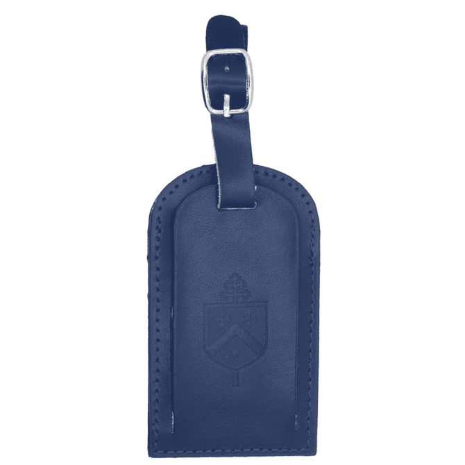 A navy blue luggage tag made of leather with a silver buckle and embossed design.