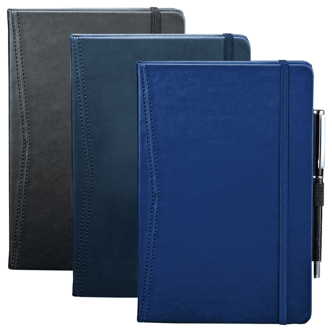 A set of three bound journals in black, dark blue, and navy, each featuring a logo and an elastic band closure.