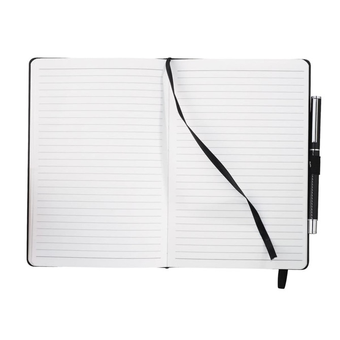 A black bound journal with lined pages, featuring a ribbon bookmark and a pen attached.